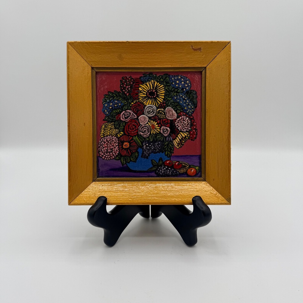 Vintage 1960s 70s NaΓ―ve Folk Art Floral Still Life Painting Gold Frame 6"